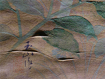 側光清楚呈現畫絹空鼓折痕,及綠葉顏料嚴重粉化、剝落的現象